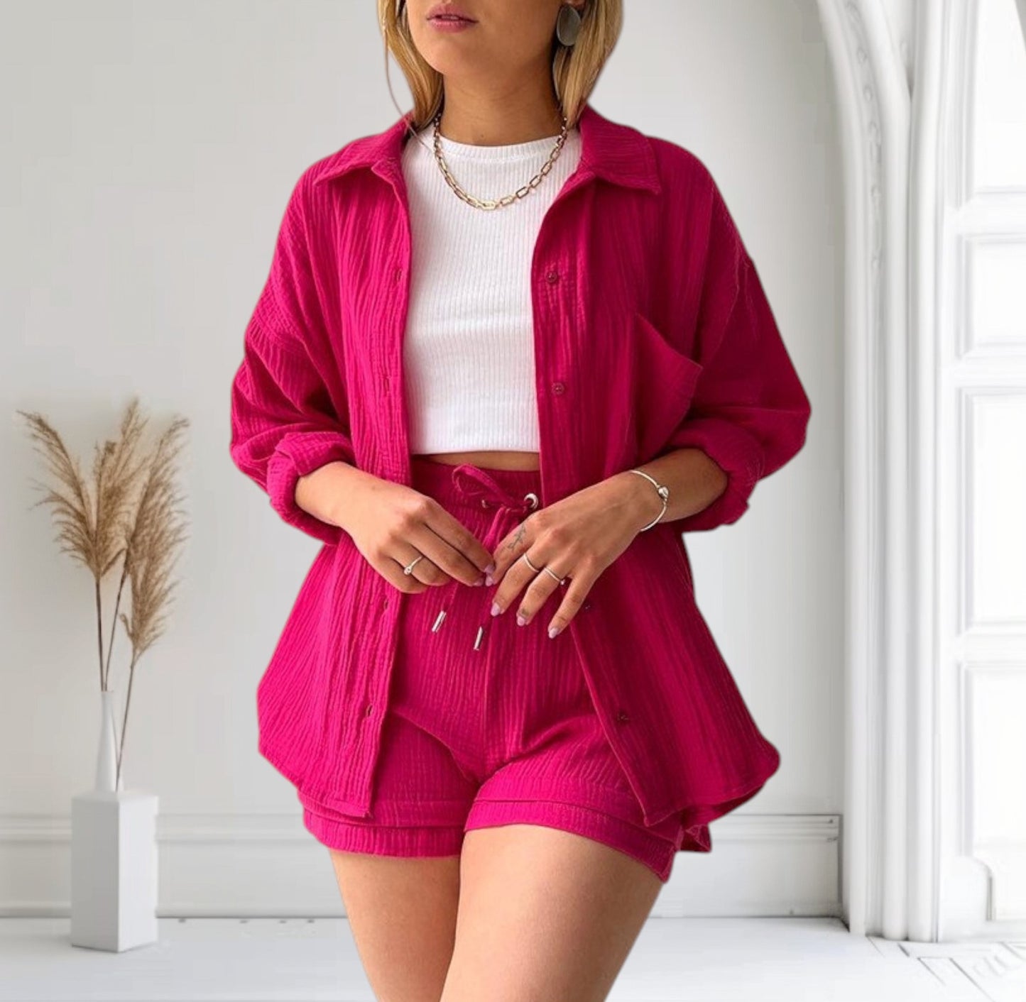 Ensemble femme chic décontracté – Chemise manches longues & short taille haute