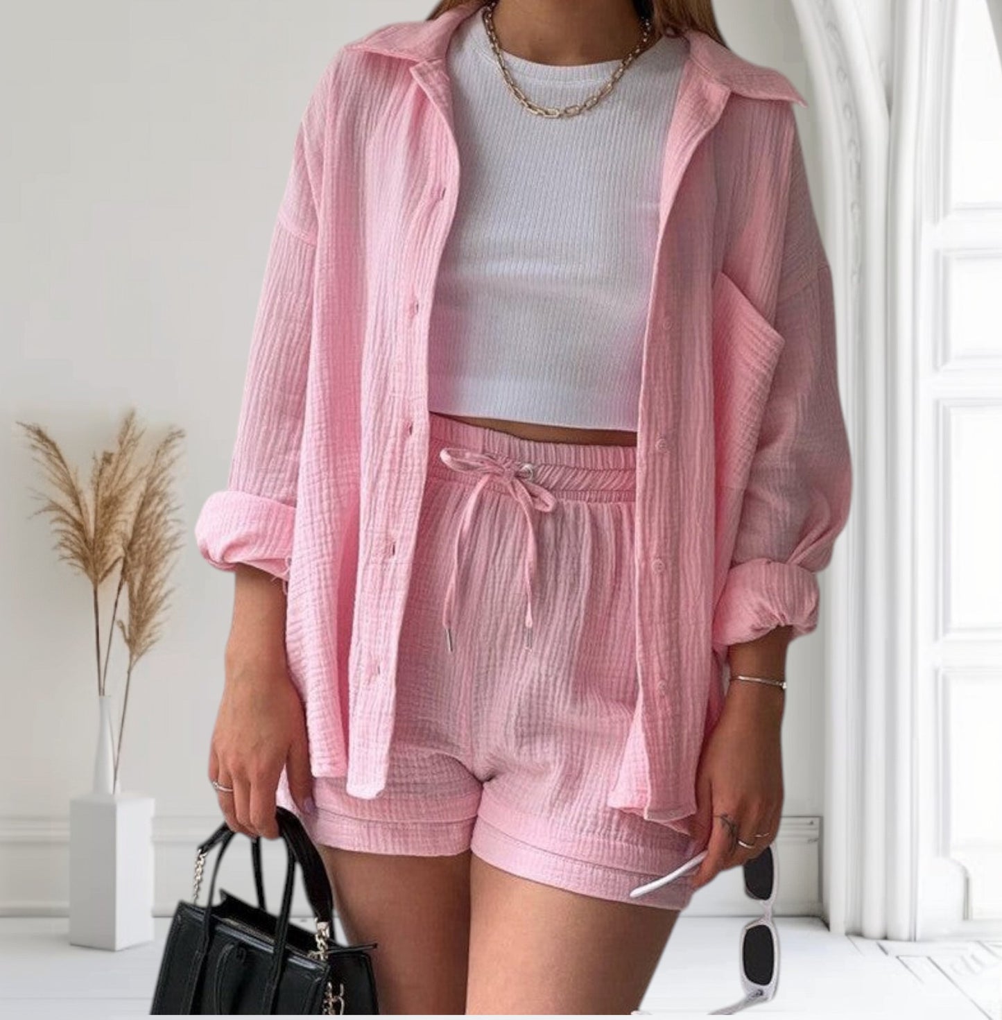 Ensemble femme chic décontracté – Chemise manches longues & short taille haute