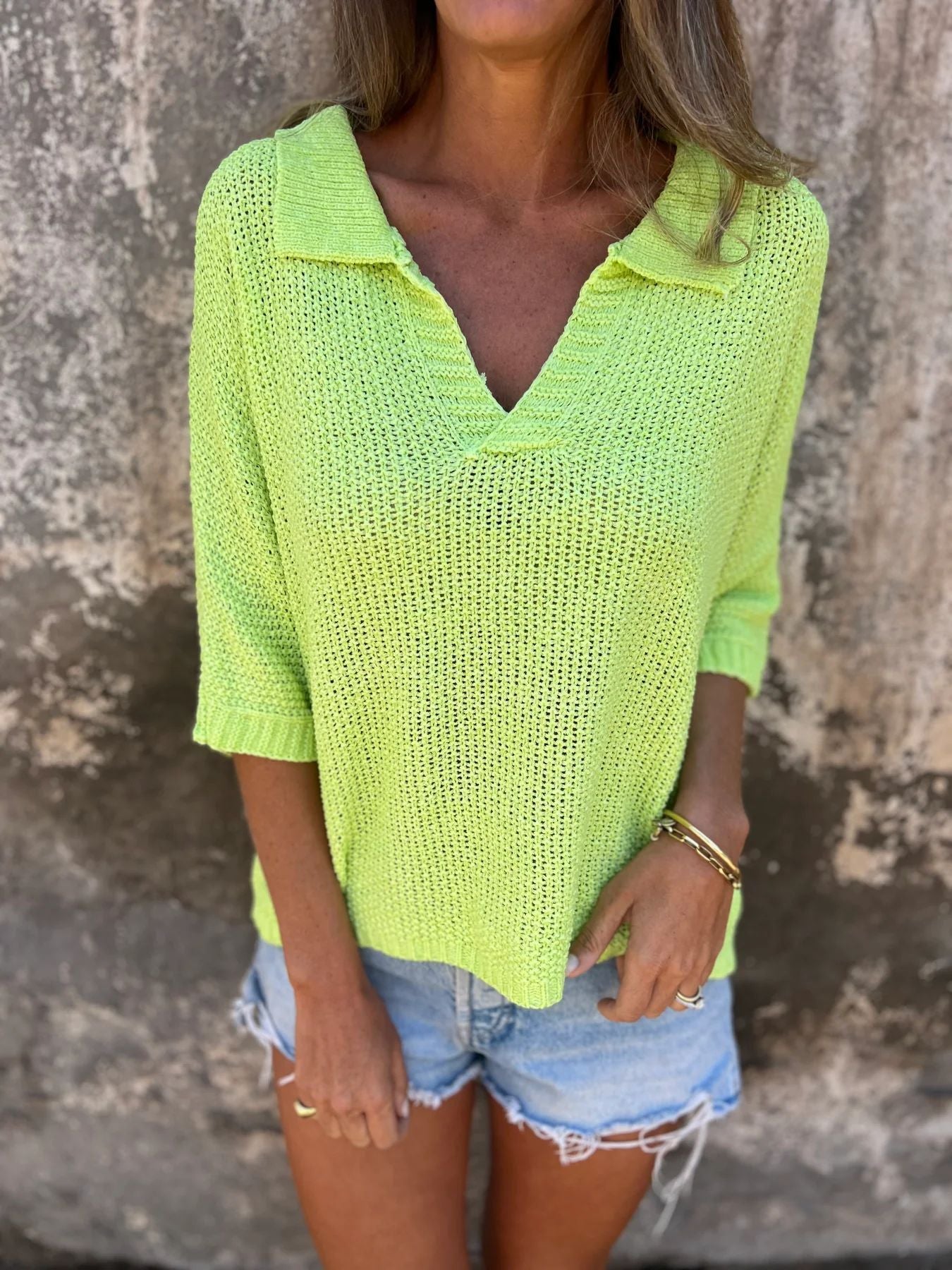 Pull Léger en Maille – Col V, Manches 3/4, Style Décontracté pour Femme