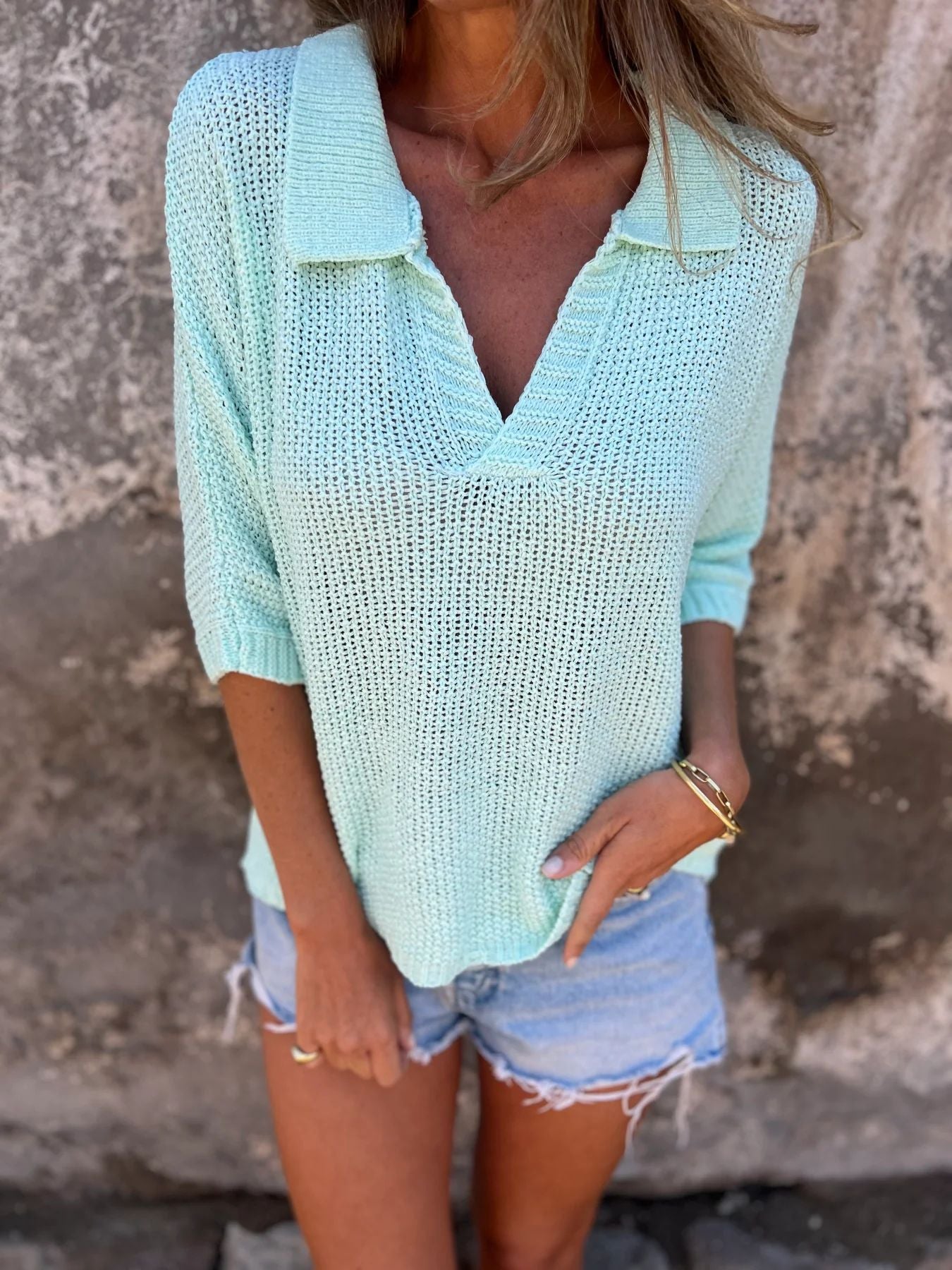 Pull Léger en Maille – Col V, Manches 3/4, Style Décontracté pour Femme
