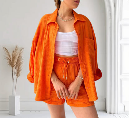 Ensemble femme chic décontracté – Chemise manches longues & short taille haute