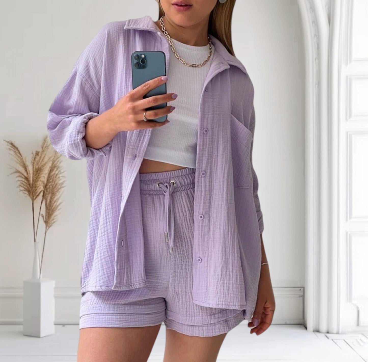 Ensemble femme chic décontracté – Chemise manches longues & short taille haute