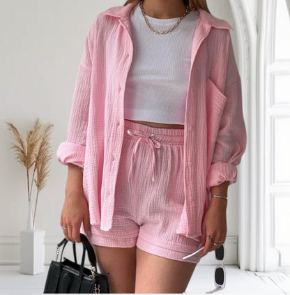 Ensemble femme chic décontracté – Chemise manches longues & short taille haute
